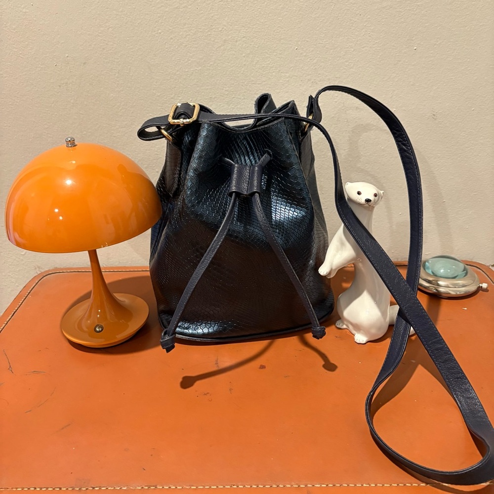 Retro Python Snake Croc Embossed Blue Metallic Bu… - image 1